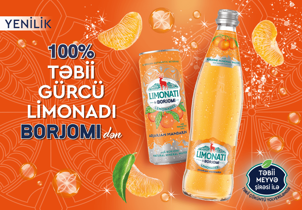 100% TƏBİİ Gürcü limonadı Borjomi-dən. İndi premium şüşə qablaşdırmada.
